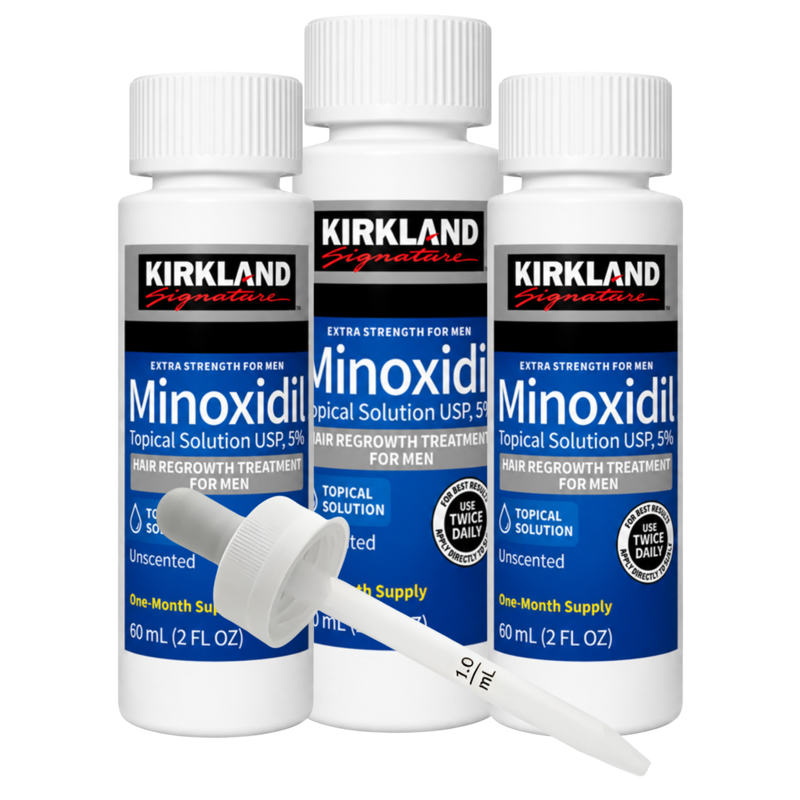 Minoxidil Kirkland 5% pack 3 frascos 60 ml con gotero graduado