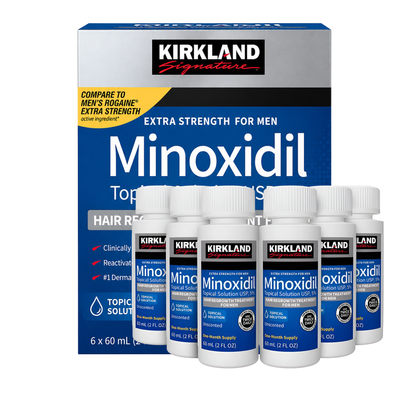 Minoxidil Kirkland 5% caja 6 frascos 60 ml tratamiento 6 meses