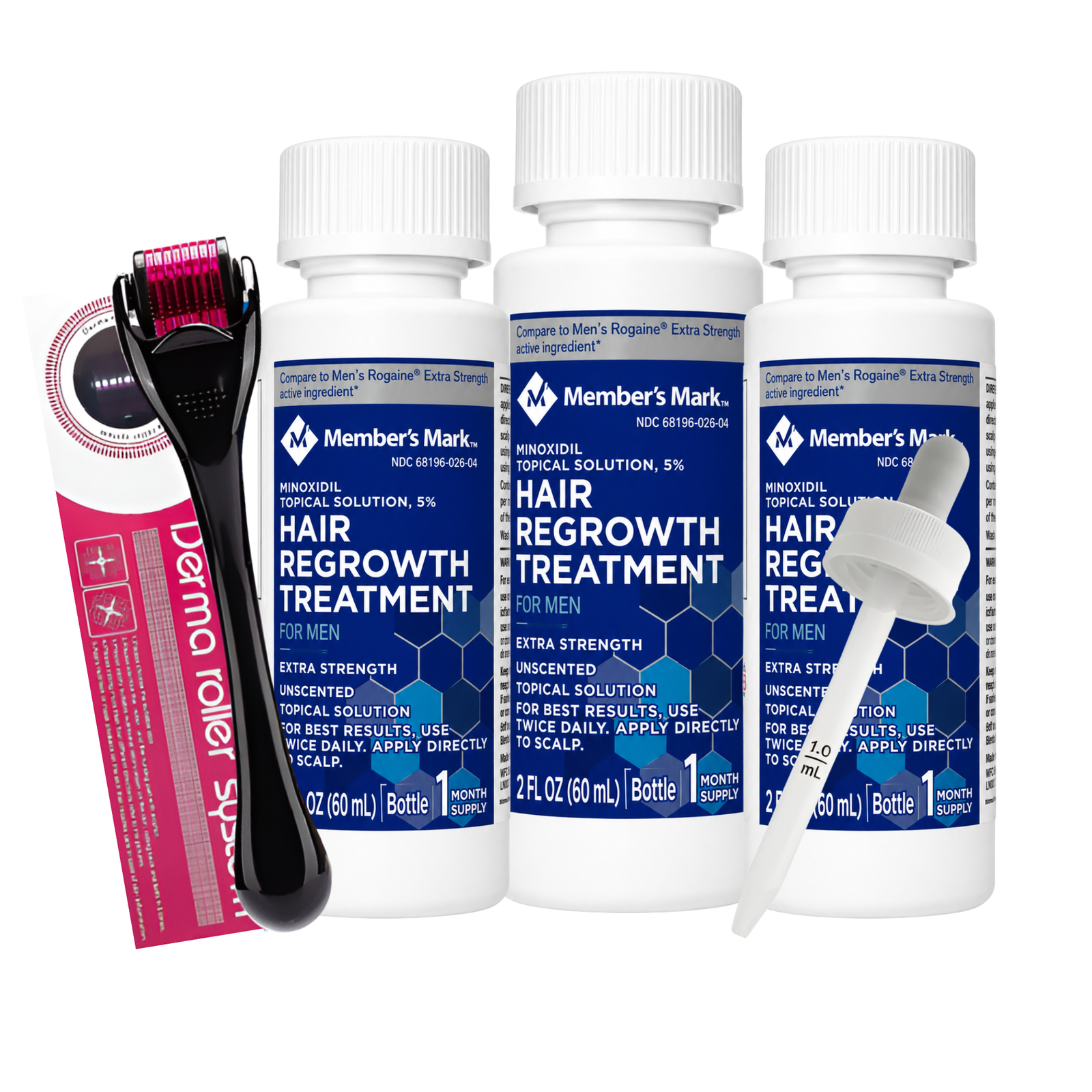 Kit Minoxidil Member's Mark 5% 3 meses con dermaroller y gotero